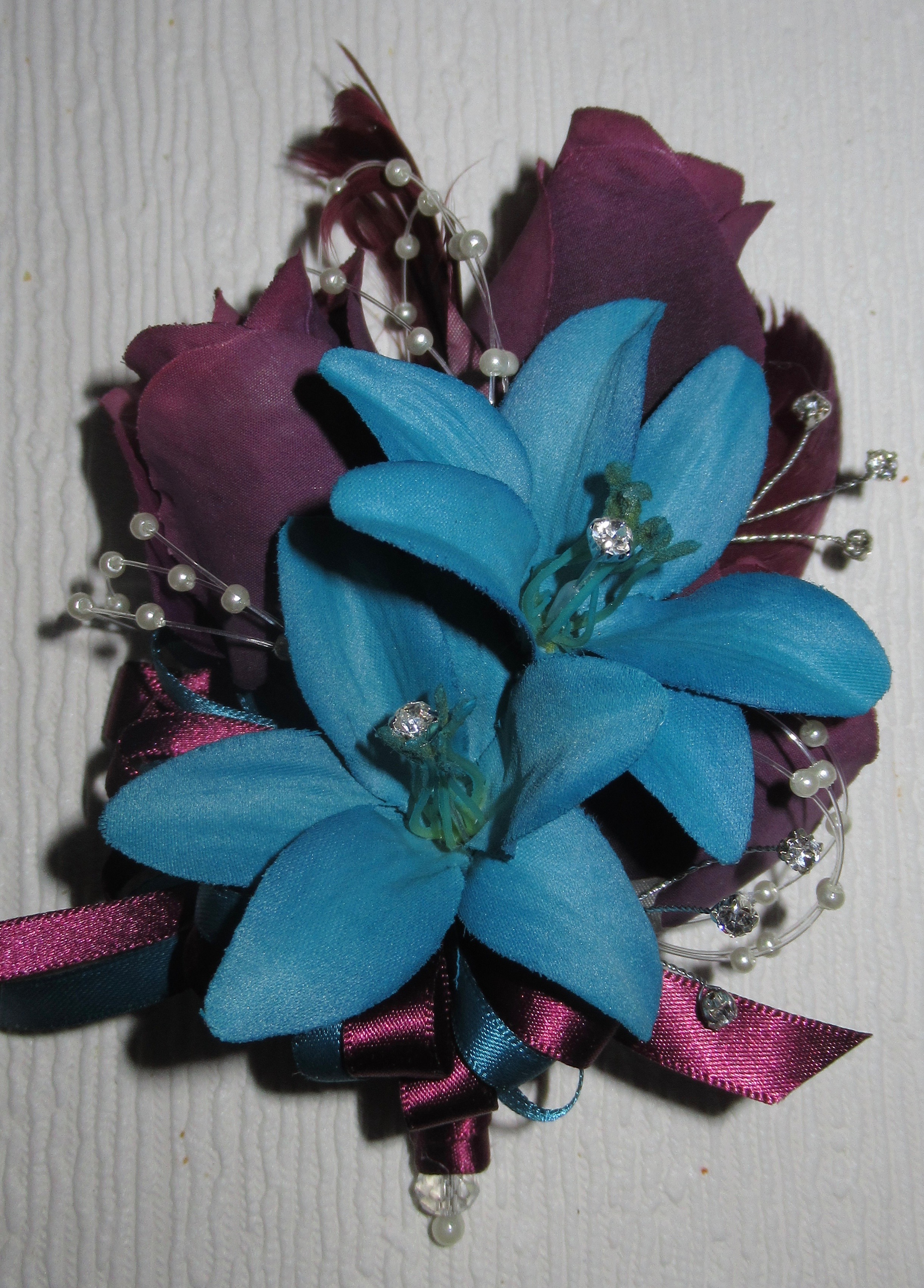 Plum & Teal Pin On Corsage for weddings and special occasions